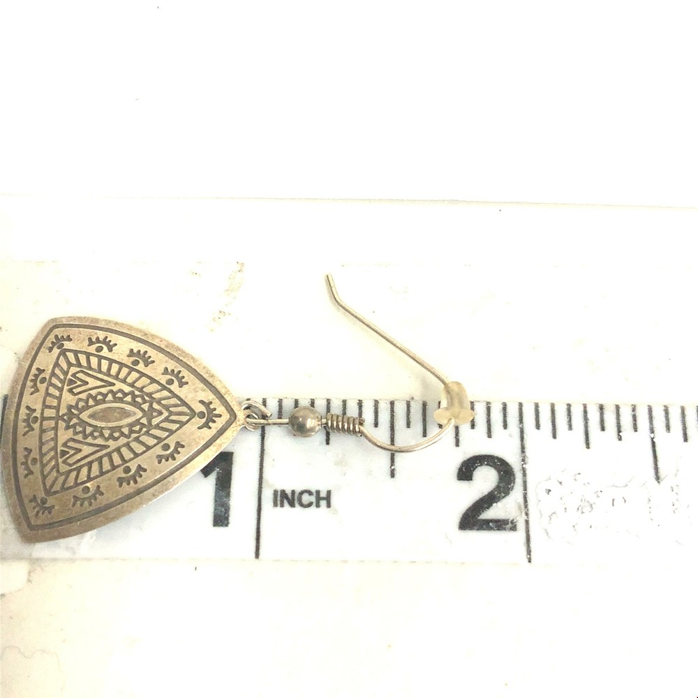 Vintage Signed CW Sterling Etched Tribal Pattern Drop Dangle Earrings