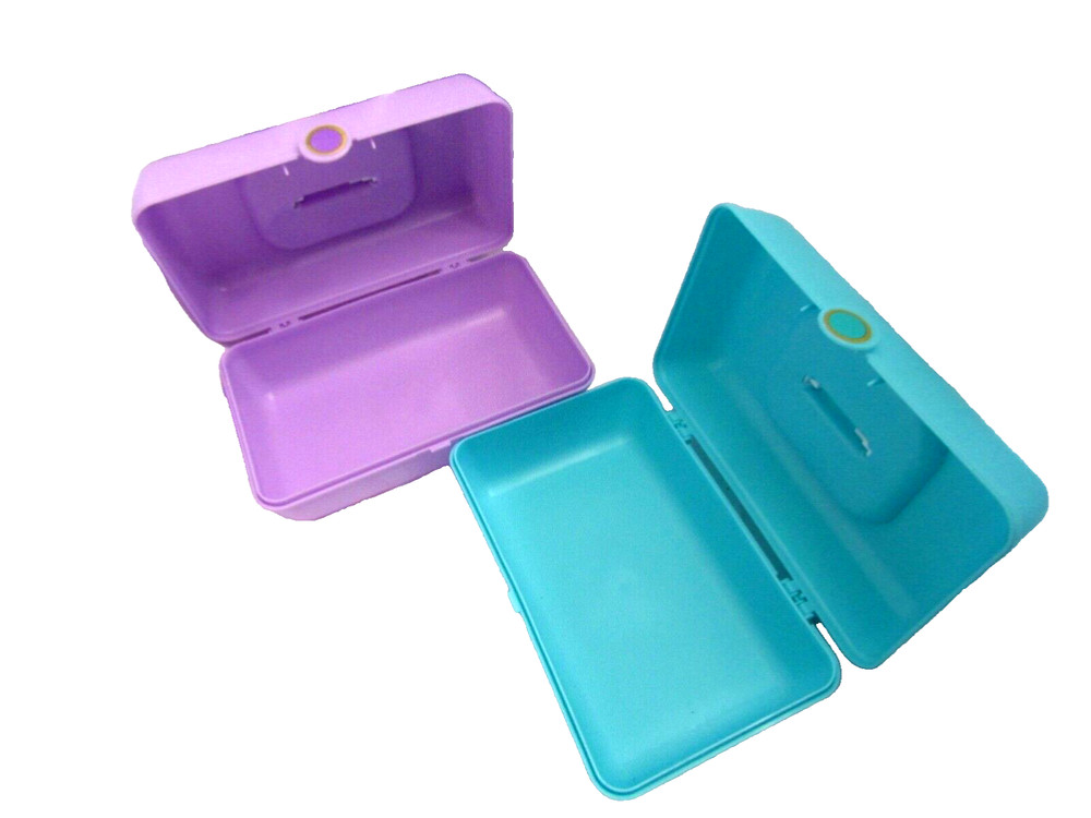 2 (TWO) Plastic accessory cases with carrying handle TURQUOISE / LAVENDER