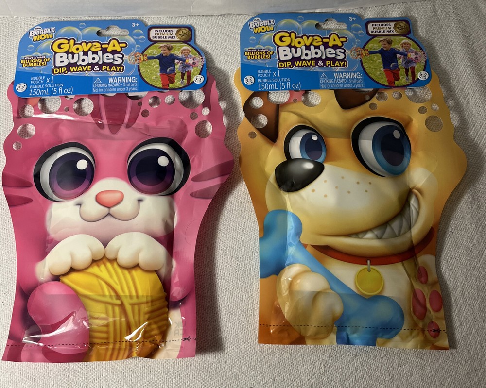 2 Glove-A-Bubbles NEW ~ Wave & Play, Bubble Solution  & Bubble Pouch Dog & Cat