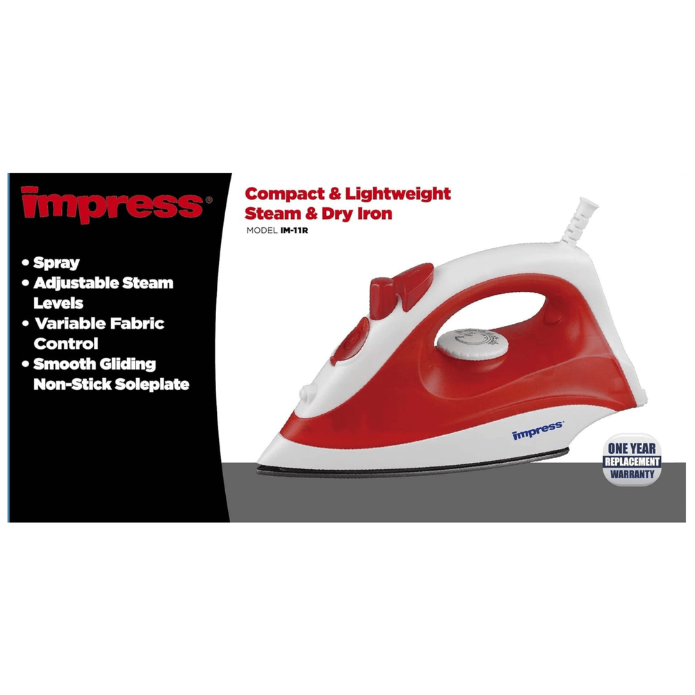 Impress Compact Non-Stick Dry Iron w Spray Function and Adjustable Steam Levels