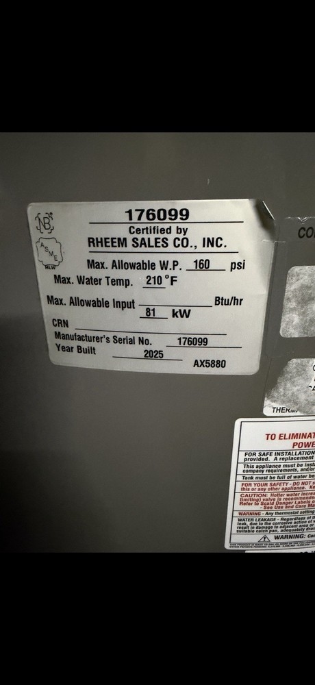 RHEEM ASME 120 Gallon E120A-30-G 30KW Commercial Electric Water Heater 208V-480V