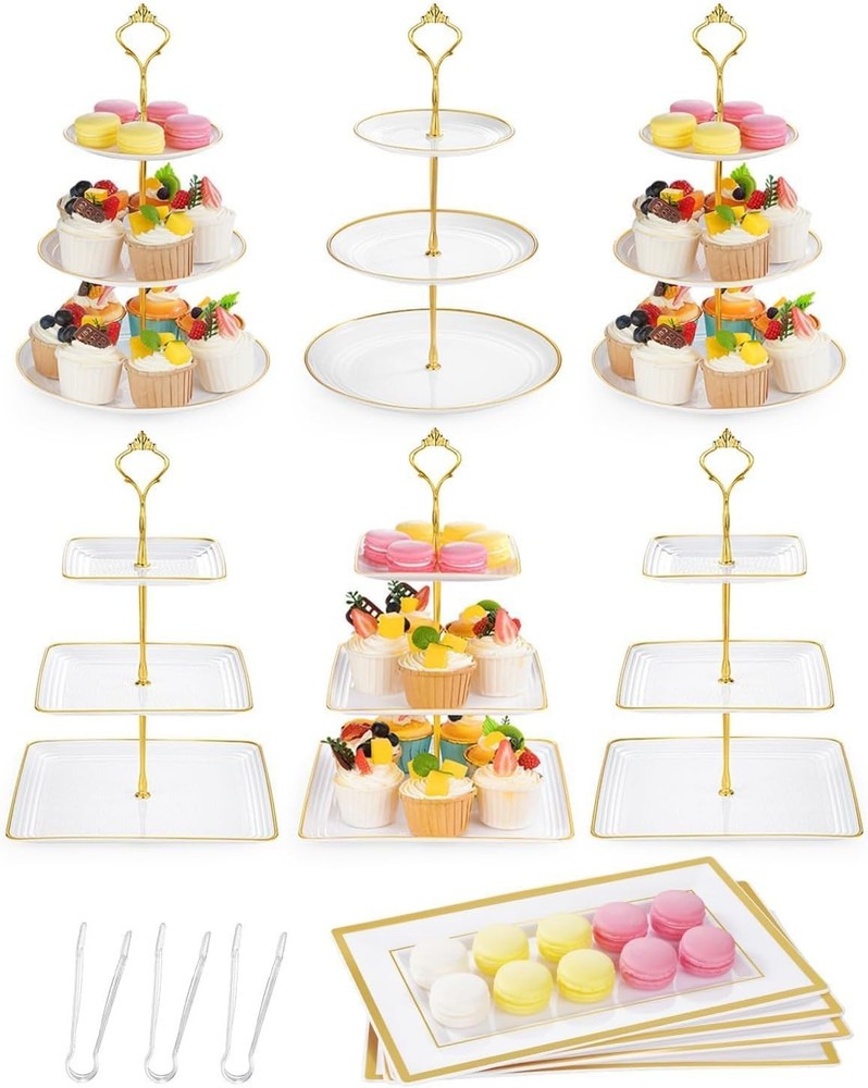 13pcs Dessert Table Display Set 6 3-Tiered Cupcake Stands 3round & 3square W/ 4