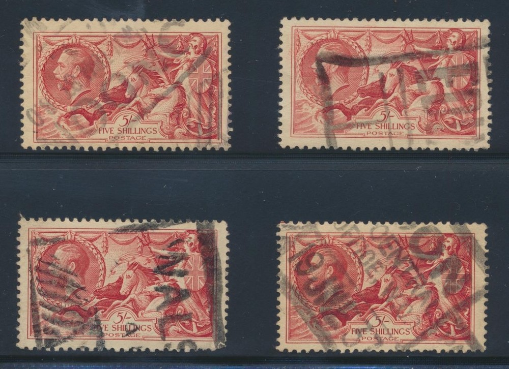 Great Britain 5/- Seashorse 4 identifiable parcel post cancels