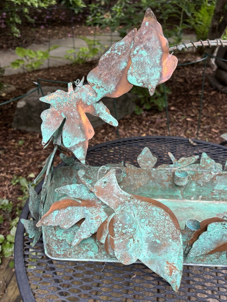 Hand Made Copper Verdigris Bird Leaf Decorated Candle Holder Basket