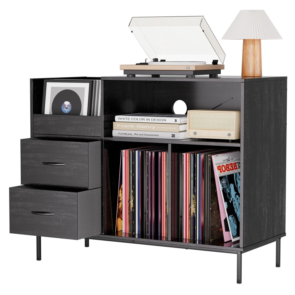 Black Media Console Record Player Stand with Power Outlet & Flip-Down Lid