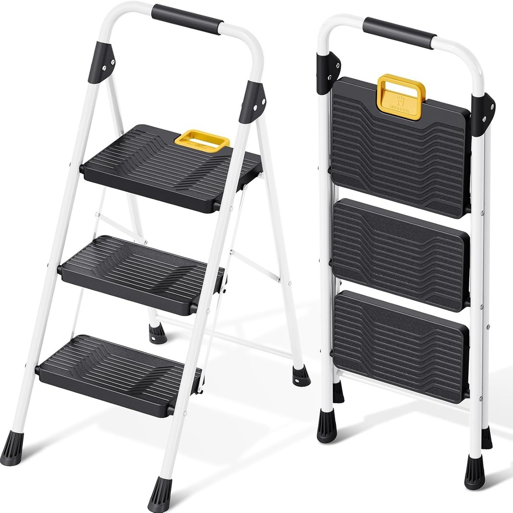 KINGRACK 3 Step Folding Ladder, 800lbs Capacity Stool with 3-STEP, White