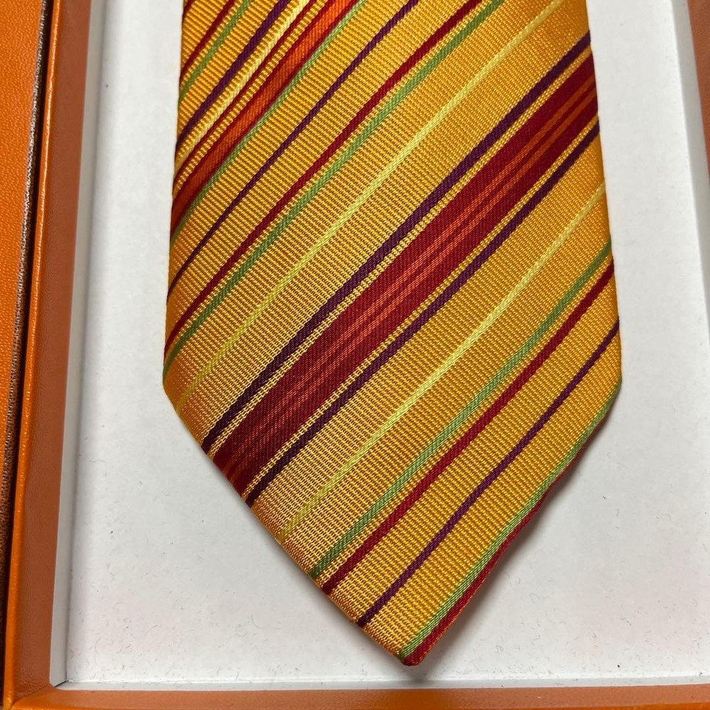 HERMES Tie Orange Multi Color Stripe Jacquard