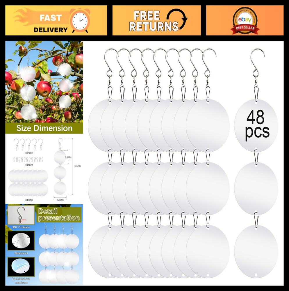 48 PCS Reflective Bird Scare Discs Set - Pigeon Deterrent, Window Strike Prevent