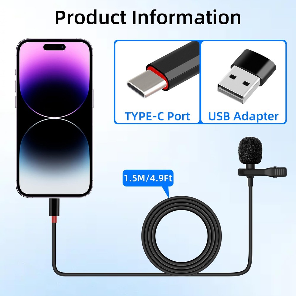 USB C Lavalier Microphone, Type-C Lapel Microphone Wired with USB A Adapter, ...