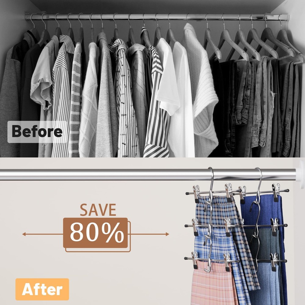 Pants Hangers Space Saving,Stackable Skirt with Clips, 8pack, Sliver