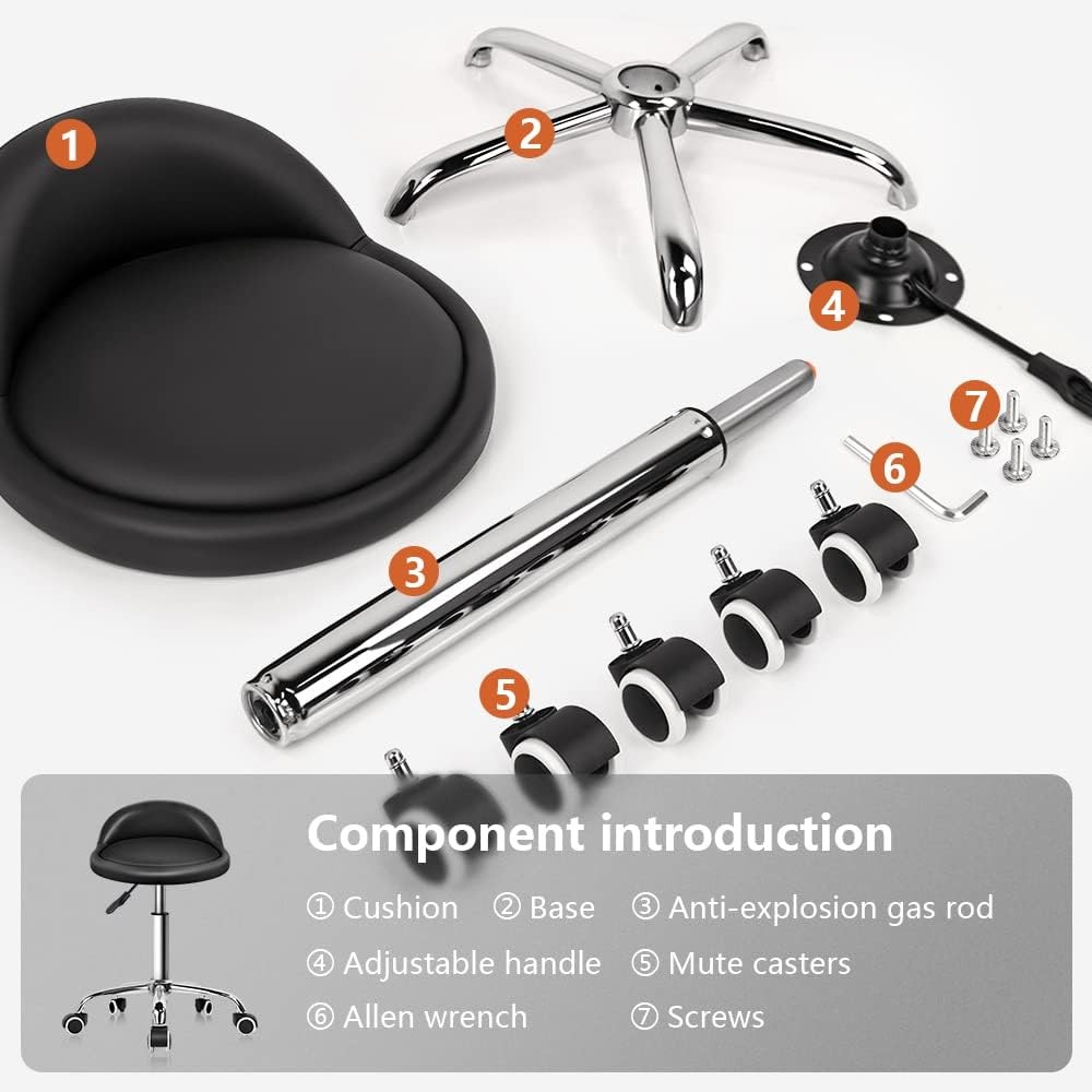 PU Leather Round Rolling Stool W/ Back Rest Height Adjustable Swivel Drafting