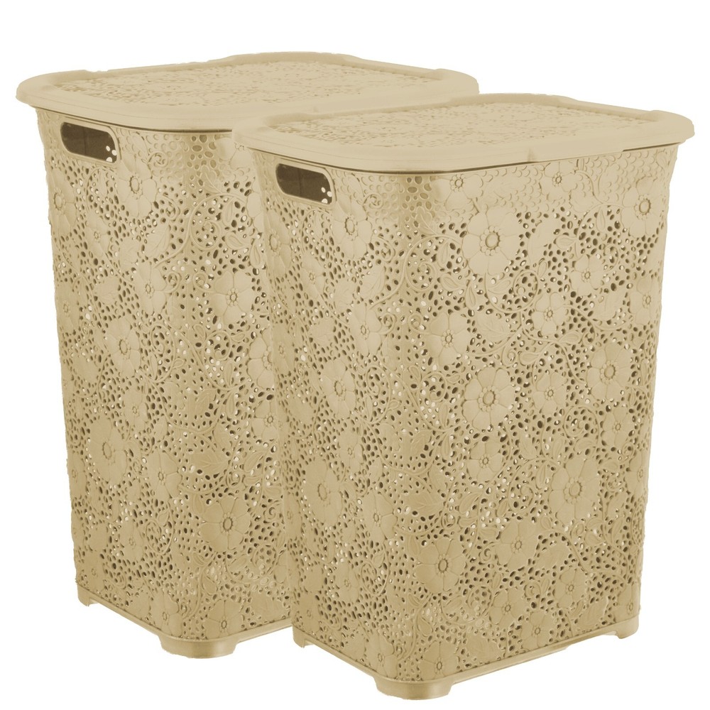 Plastic Laundry Hamper with Lid, Lace Style - Beige, 50 Liter (2 Pack)