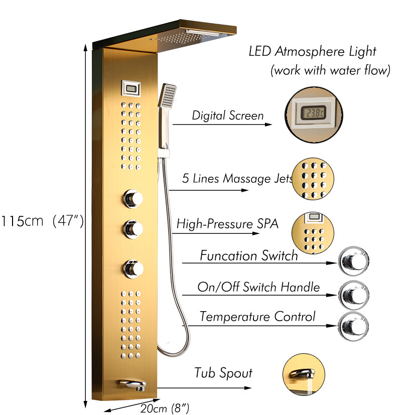 Gold Bathroom Mixer Shower Panel Digital Screen Massage Jets Wall Mounted Kit