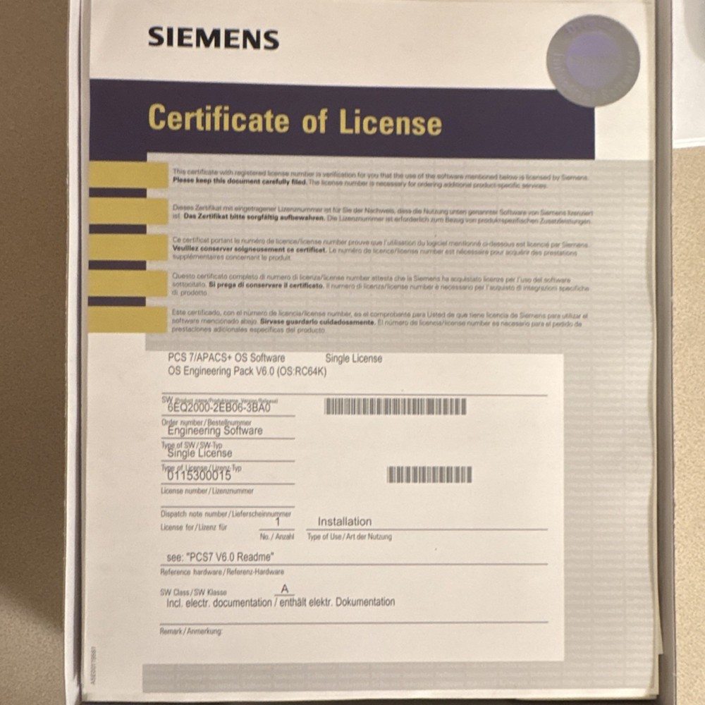 Siemens PCS 7/APACS+ OS Engineering Pack V6.0 Software Single License