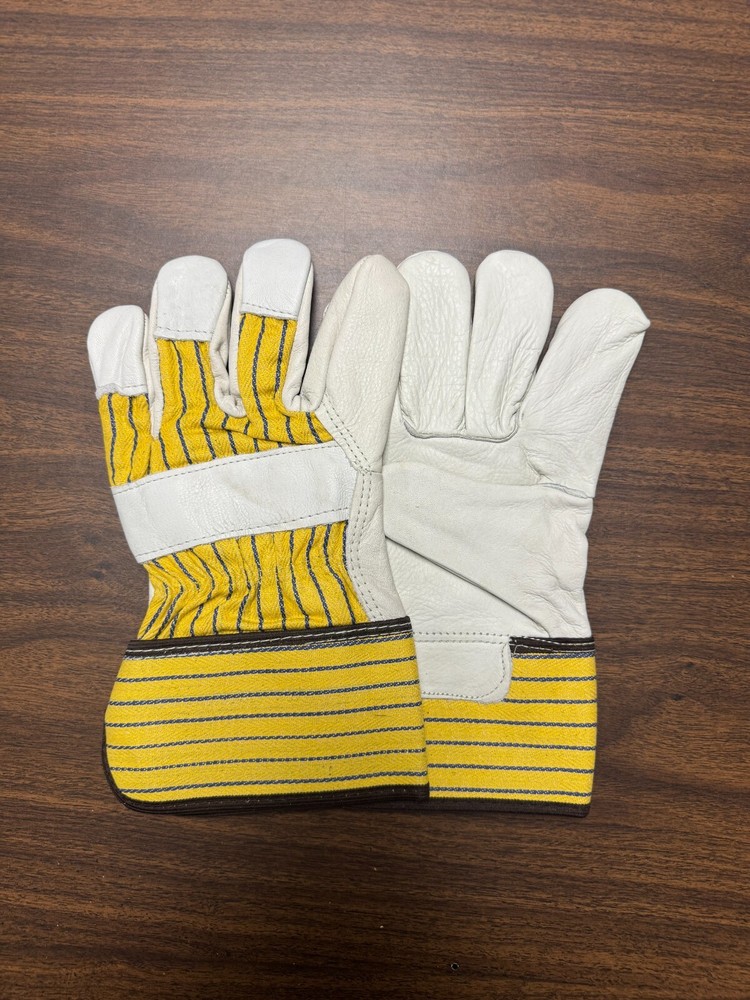 Men's Work Glove, Grain Leather Palm, Stripe Fabric Back, Large