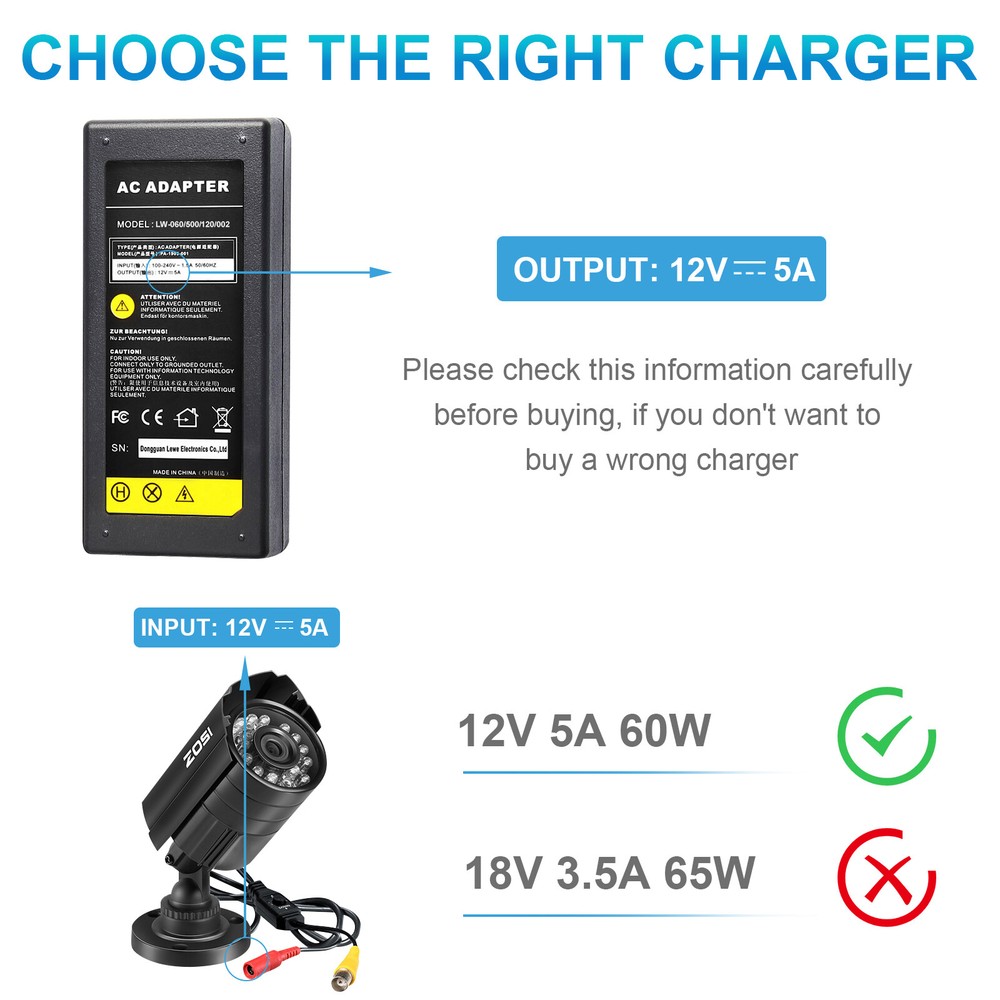 DVR 8 Split Power Cable +DC 12V 5A Power Supply Adapter for CCTV Security Camera