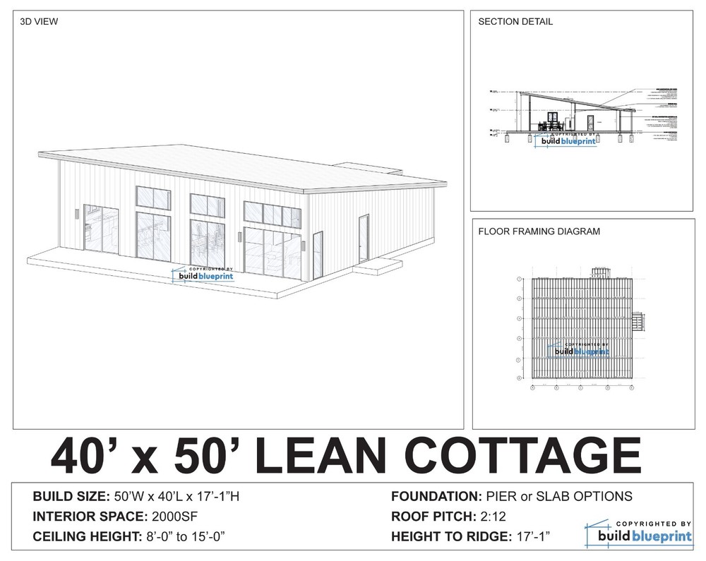 40x50 Lean Modern Cottage Custom Architectural Plans 2000SF - PDF Download