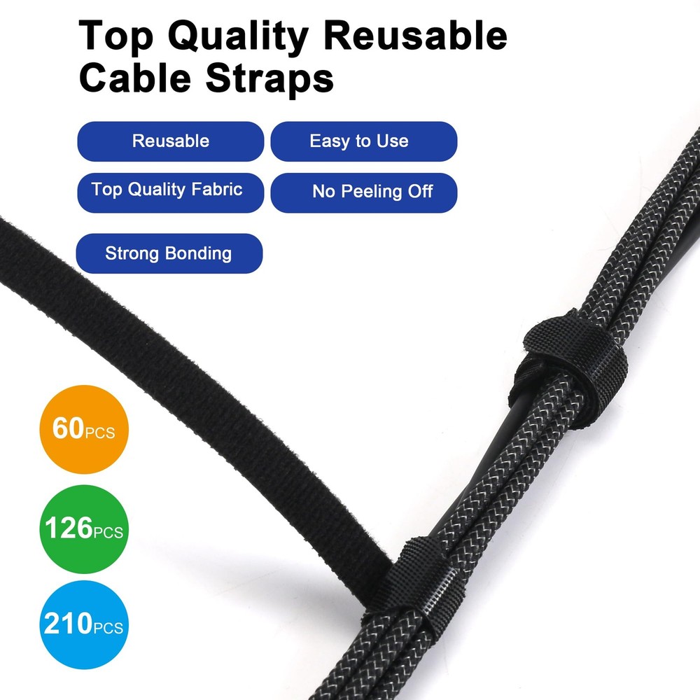 Reusable Cable Ties 126-Pack 8in Adjustable Hook Loop Cable Management