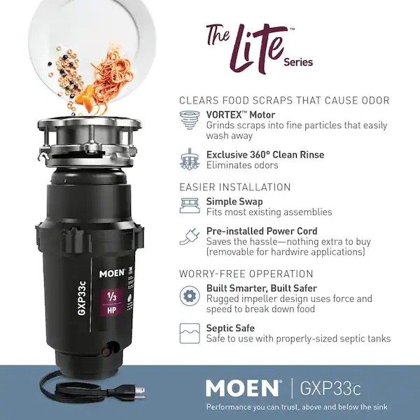 Moen Lite Series GXP33C PRO 1/3 HP Continuous Feed Garbage Disposal with...