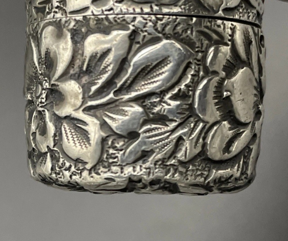 Sterling Silver Floral Repousse Thread Box / Holder 19th Century
