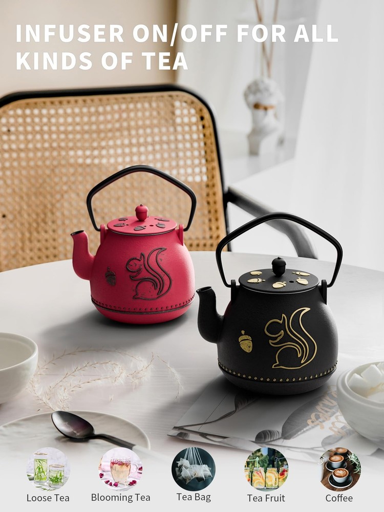 32 Ounce 950 ml Black Cast Iron Teapot with Removable Infuser Squirrel