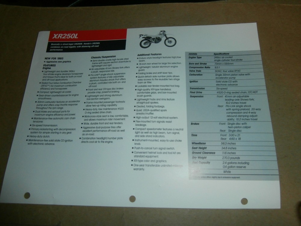 1993 Honda XR250L Motorcycle Information - Features - Specifications Paper