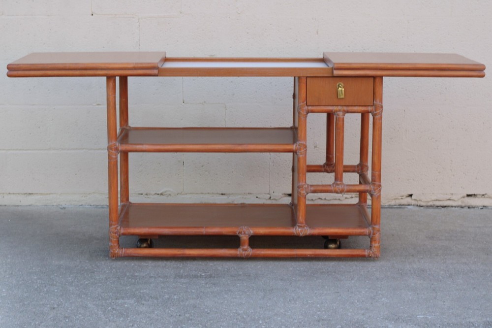 Authentic Marked McGuire Bamboo Rattan Rolling Sliding Adjustable Top Server MCM