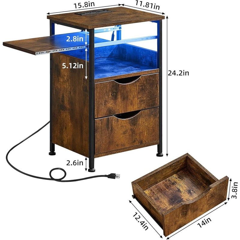 End Table W/ Charging Station LED Light 2 Drawers Nightstand Slim Side Table New