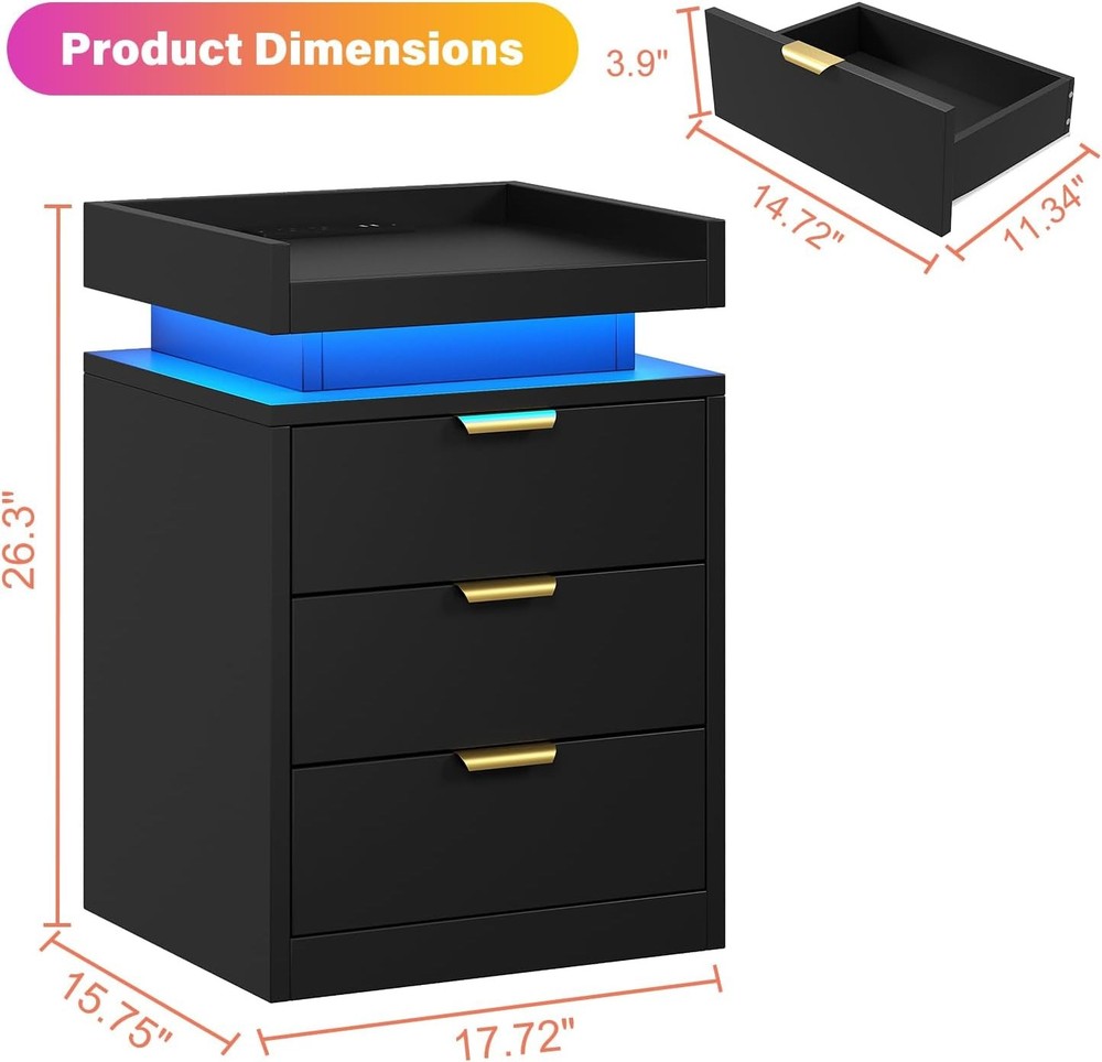 Modern Bedside Table with RGB LED 3 Drawer