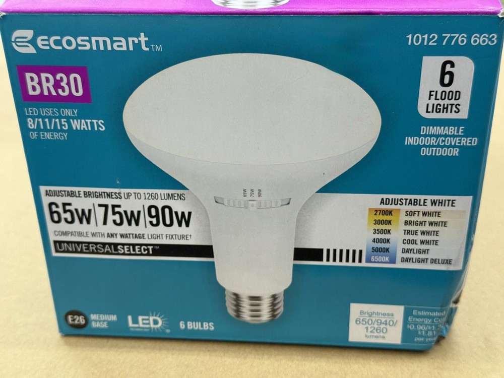 Universal Select - 65/75/90-Watt -ecosmart BR30 - Flood Lights Dimmable- 6 Bulbs