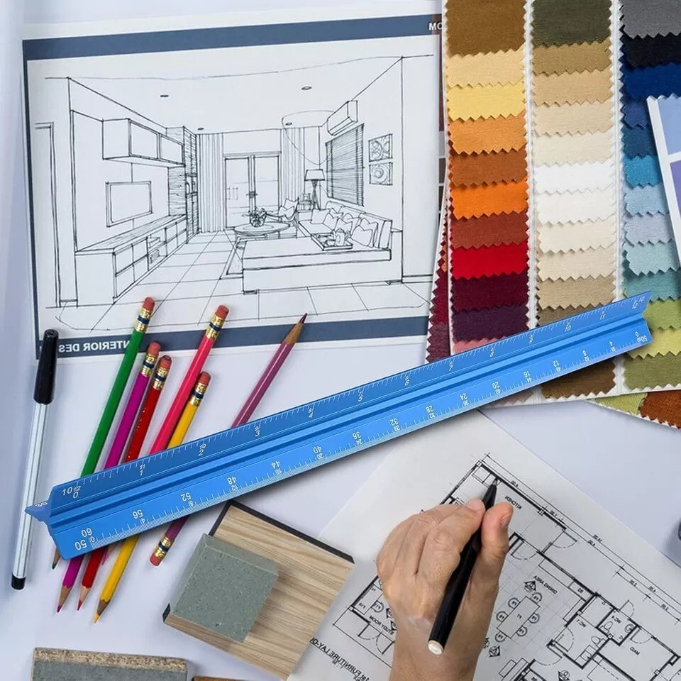 Engineer Scale Ruler 12 Inch Aluminum Laser-Etched Triangular Drafting Tool Blue