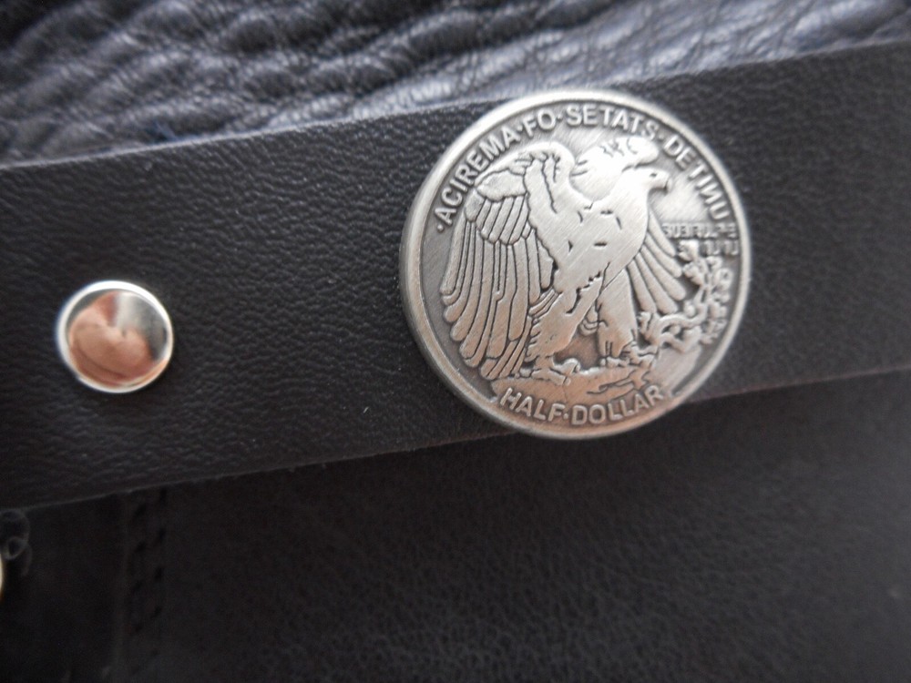 Boot Straps Genuine Leather Eagle Half Dollar Coin Chain Motorcycle Biker Pair