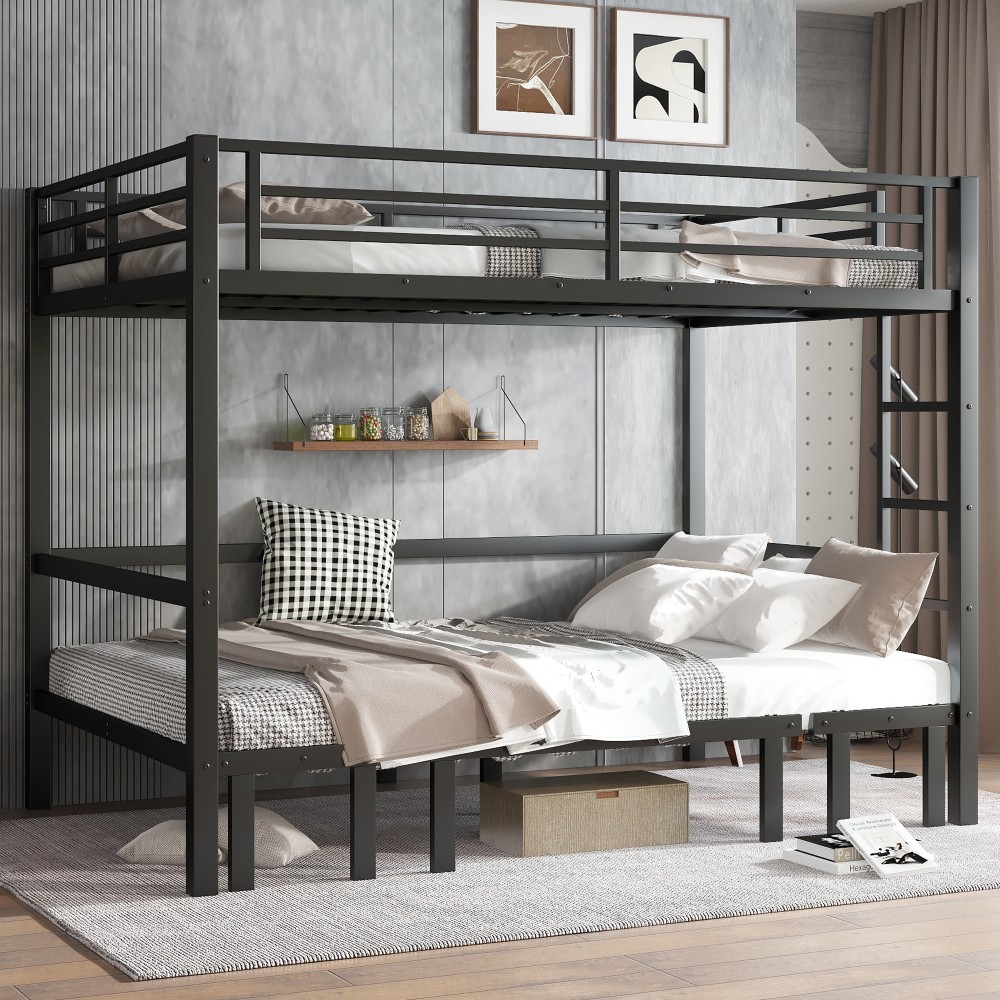 Queen over Queen Size Bed pull-out Metal Bunk Bed,lower bunk can be pulled out