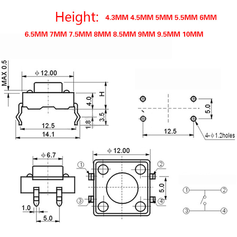 12x12mm Tactile Push Button Switch Momentary Tact Switch 4 Pin DIP Micro Switch