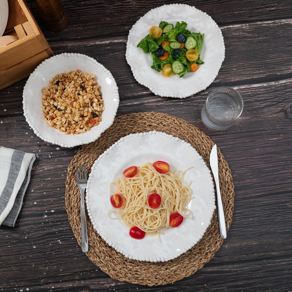 ZAROCRUS Cream 12pcs Beaded 100% Melamine Dinnerware Set, Elegant Creamy