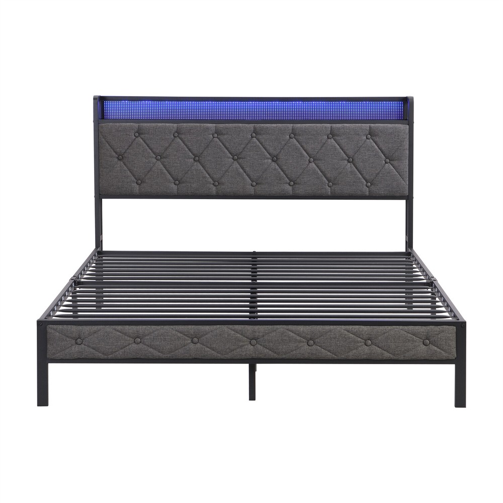 Full Size LED Bed Frame w/ Headboard and USB Port Upholstered Platform Bed Frame