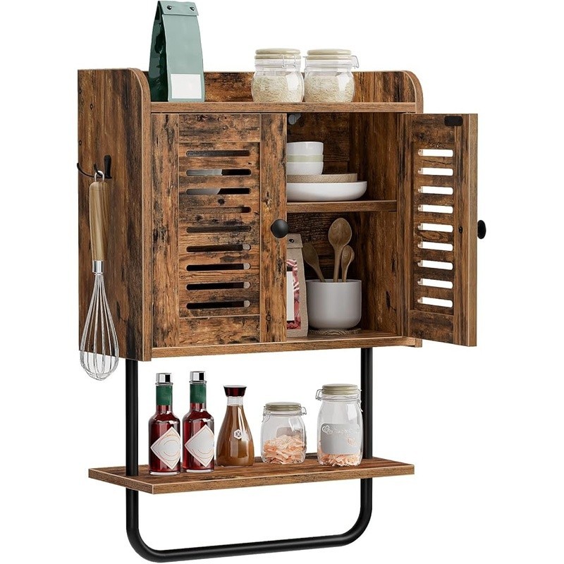 Wall Mounted Bathroom Cabinet W/ Shutter Doors Adjustable Shelf & Hooks New