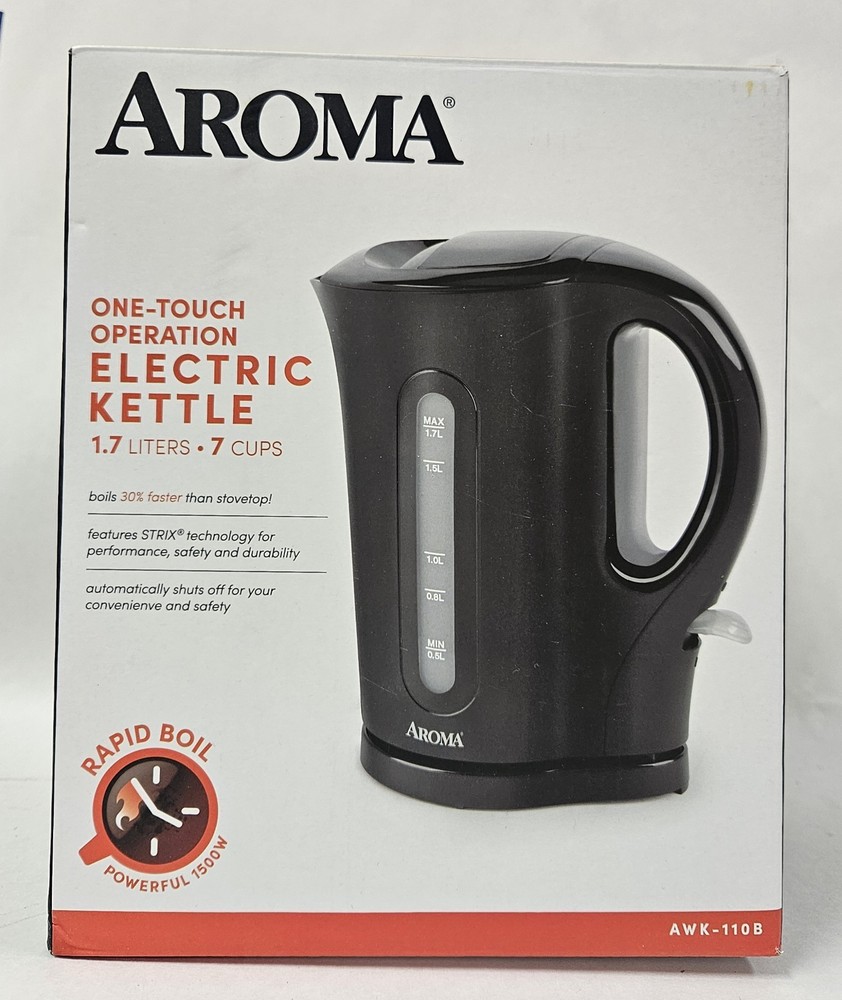 Aroma 1.7L 7 Cups Electric Kettle Black Dripless Spout 1500W New in Box