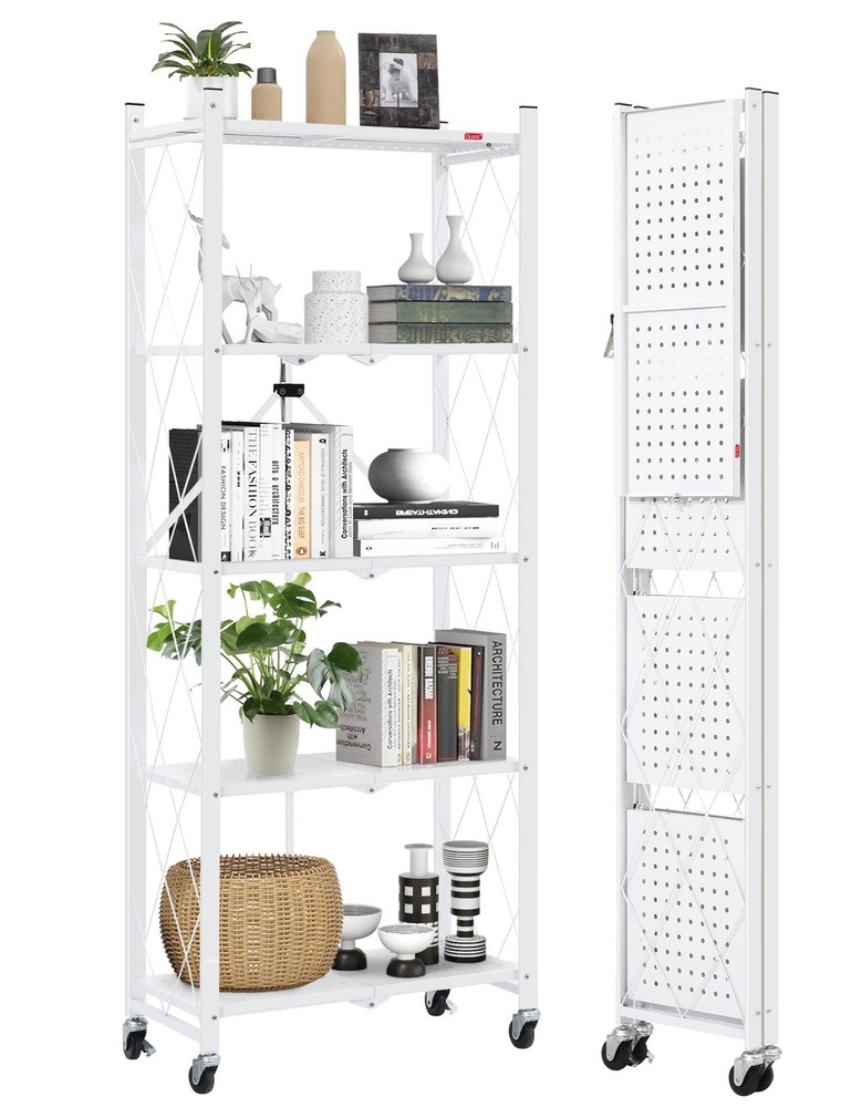 5-Shelf Folding Bookcase with Wheels, Rolling Bookshelf Heavy Duty Storage Sh...