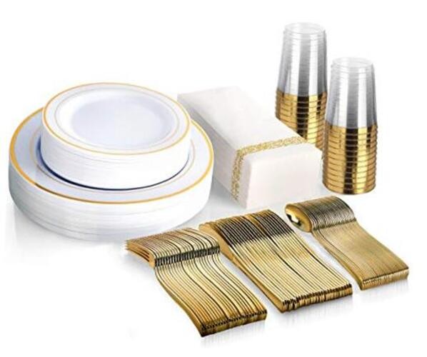 175 Piece Dinnerware Set - 50 Rim Plastic Plates - 25 Plastic Silverware - Gold