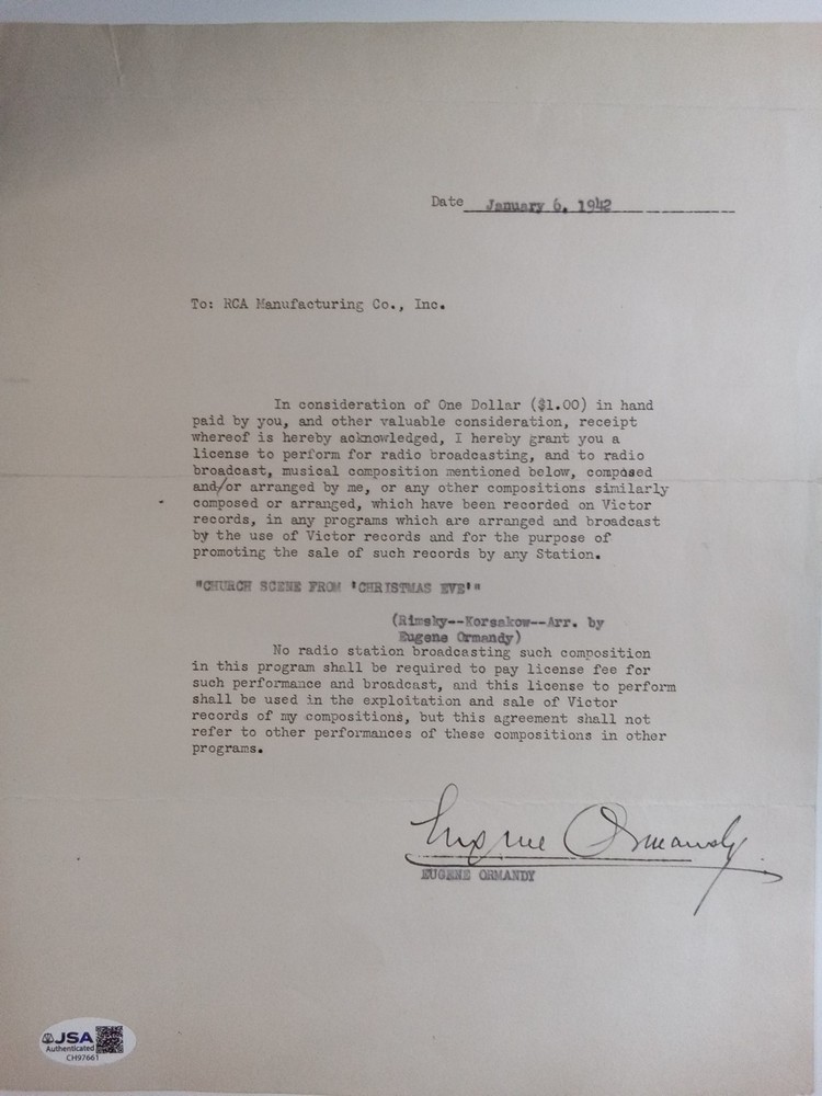 Eugene Ormandy Signed Letterhead Philadelphia Orchestra Conductor JSA