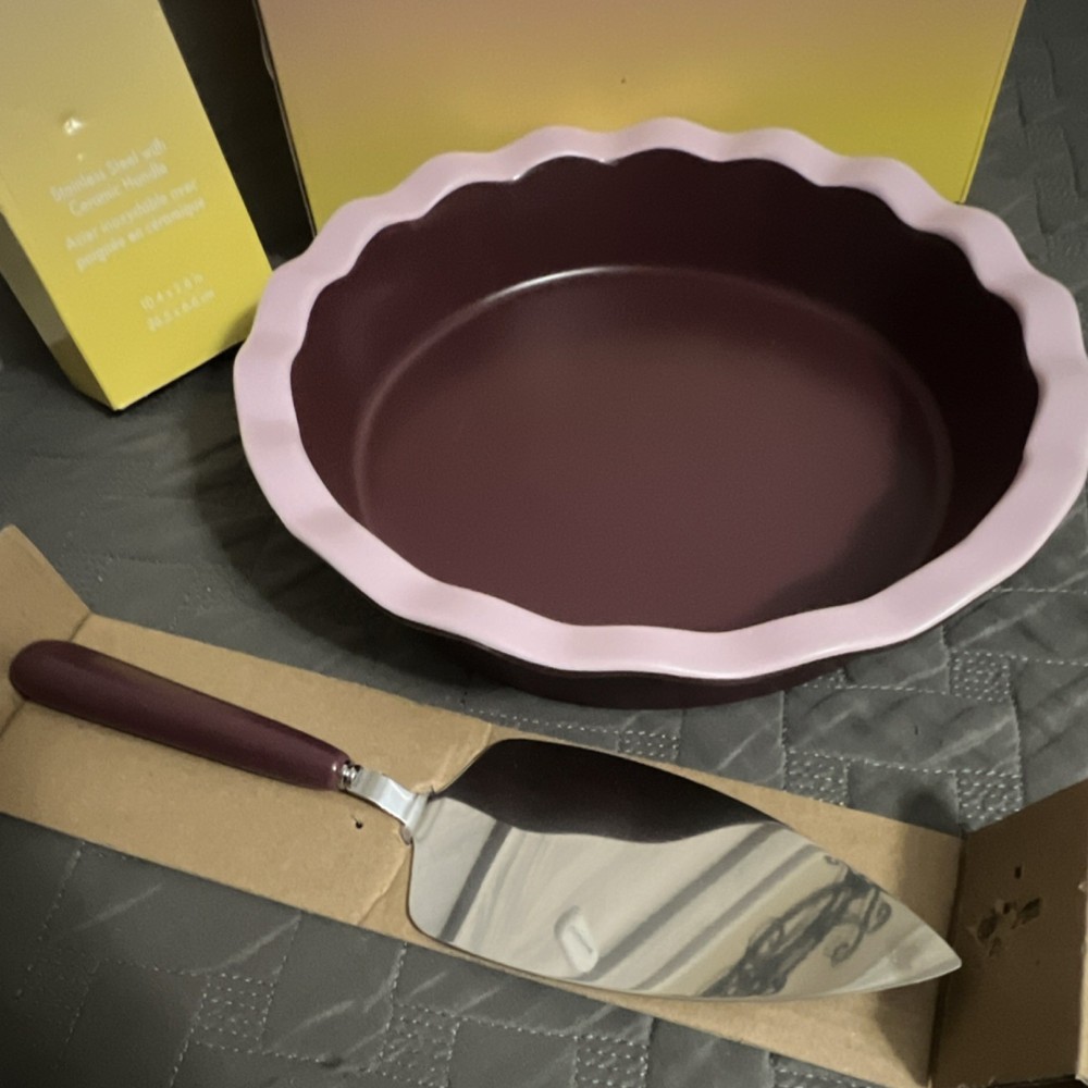 Noon & Moon Cherry Lacquer Ceramic Pie Dish 9" & Pie Server Dishwasher Safe Set