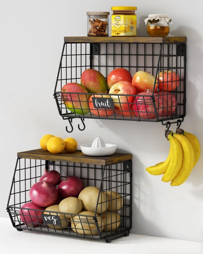 Hanging Wall Fruit Basket for Kitchen Counter 2 Pack, Stackable Wire Baskets ...