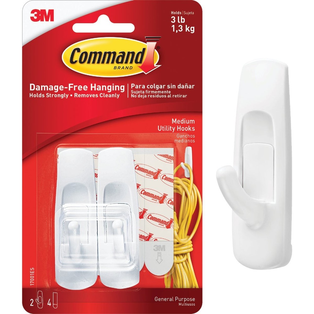Command Medium Utility Hook, White, 2 Hooks, 4 Strips 17001ES-2PK Command
