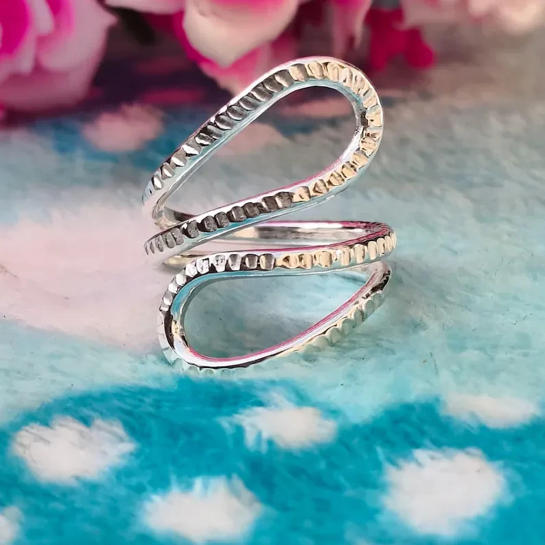 Adjustable Sterling Silver Ring Hammered Boho Wrap Band Minimalist Handmade