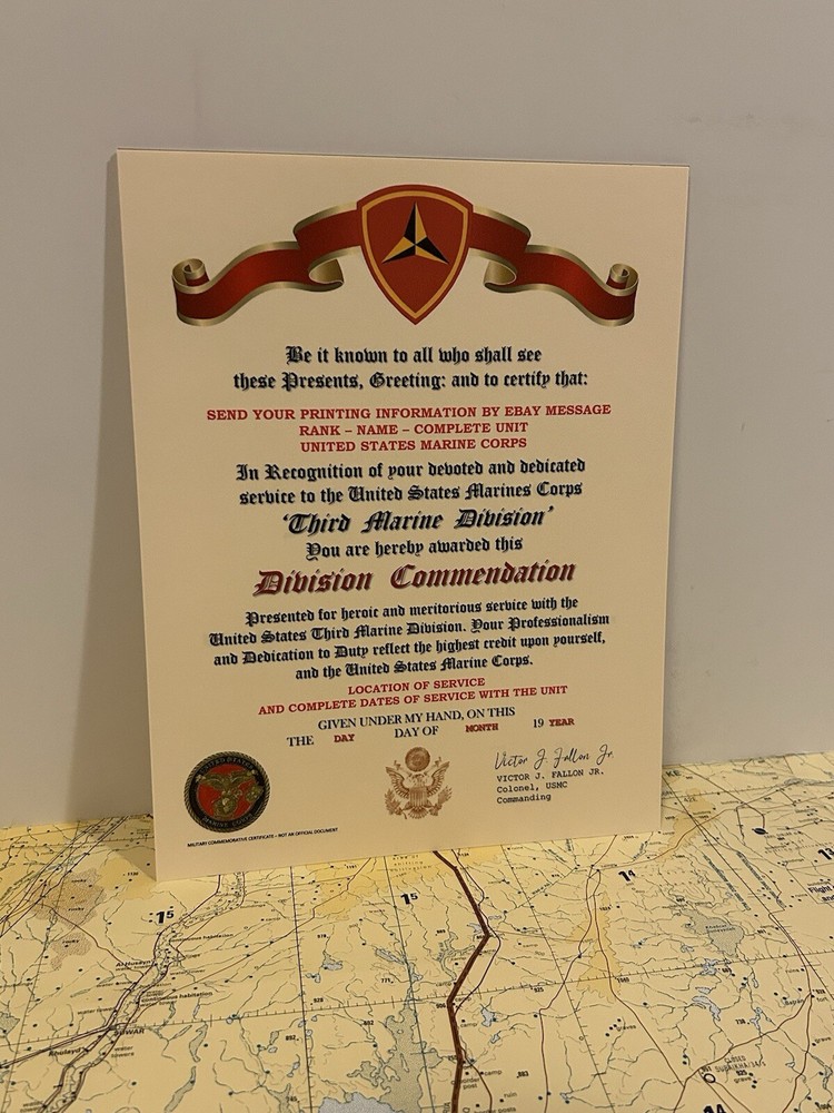 U.S.M.C. / THIRD MARINE DIVISION ~ DIVISION COMMENDATION REPLACEMENT CERTIFICATE