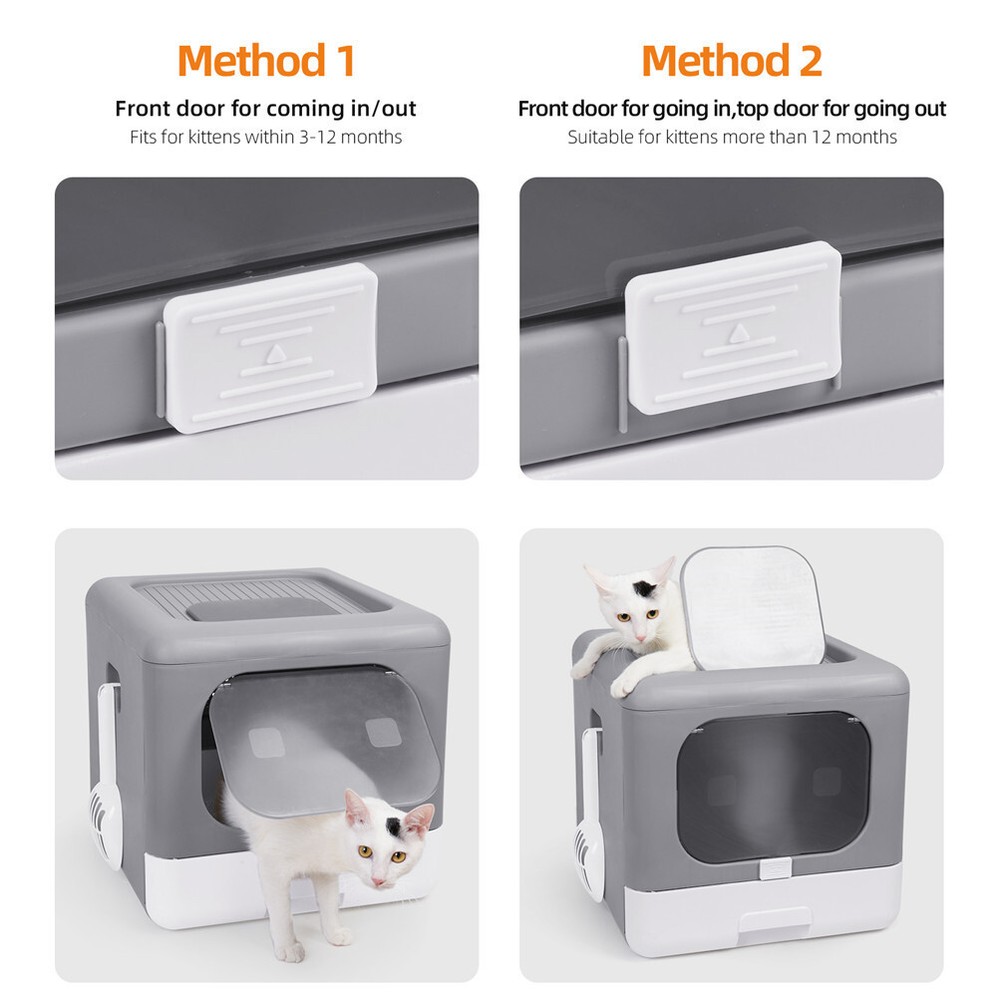 Large Space Cat Litter Box Front Top Entry with Scoop Drawer Foldable Detachable