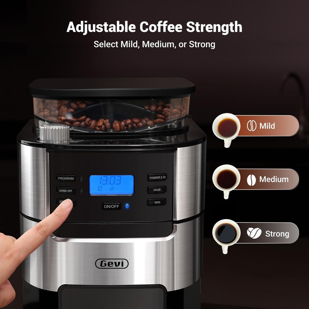 Gevi 10-Cup Drip Coffee Maker with Built-in Burr Grinder & Programmable Timer