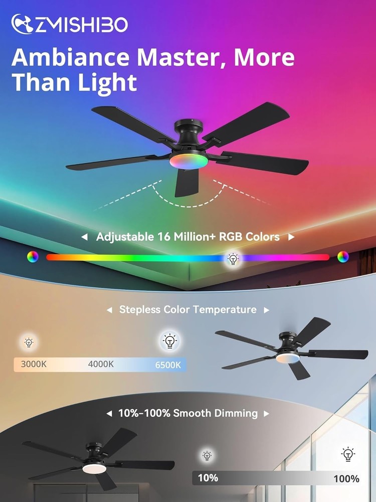 Modern 52" Ceiling Fan - RGB LED Light, Low Profile