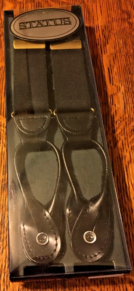 STATUS MEN'S BLACK  BUTTON 1  1/4" SUSPENDERS -LEATHER BUTTON ENDS-ADJUSTABLE